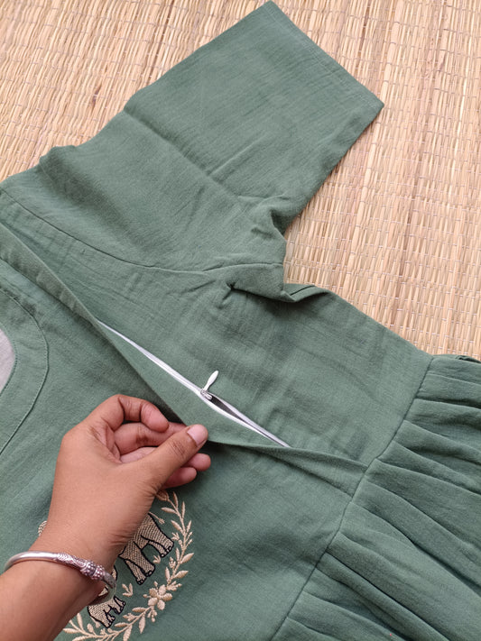 Muslin Cotton Maternity Feeding Dress – Green| Double Side Nursing Zip( elephant embroidery Design)