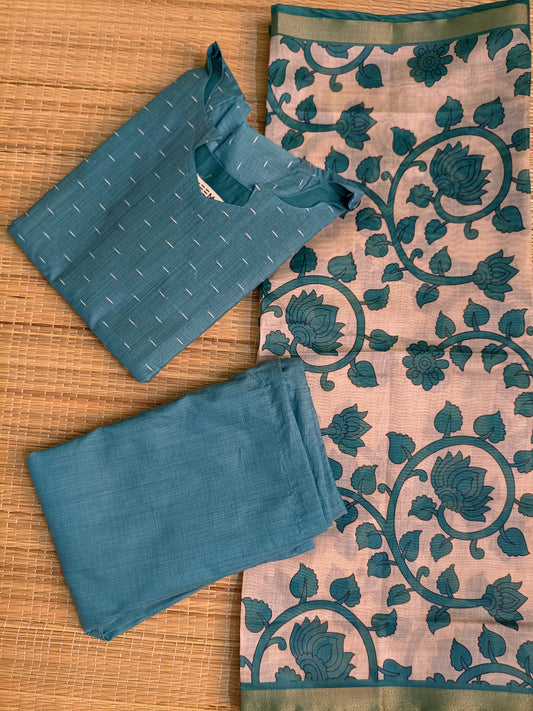 Raw Silk Maternity 3 Pc Chudidhar Set – Blue /Double side Zip (Side Open Top)
