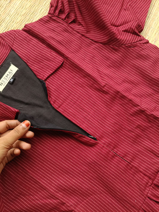Prewashed handloom Cotton - Feeding/ Maternity Maxi/Gown - Cotton lining /Center zip -Collar Maroon Stripe