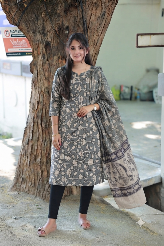 Block printed kalamkari cotton Maternity 2 pc chudidhar set [ Top with Double side zip, and dupatta - Grey Flower