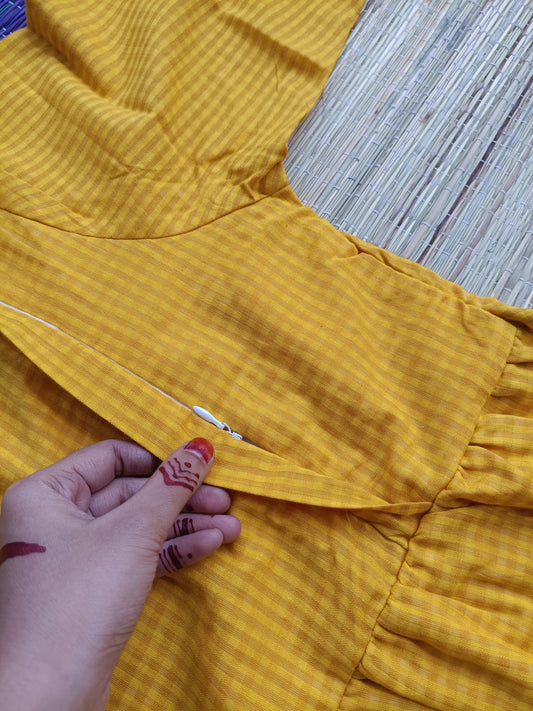 Mul Mul Cotton - Feeding/ Maternity Maxi/Gown - Cotton lining /Double side zip - Yellow Checks