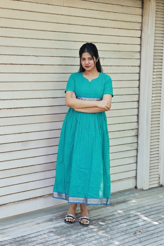 Handloom cotton - Maternity / Feeding - Maxi/Gown - Cotton Lining - Double side Zips - ramar green
