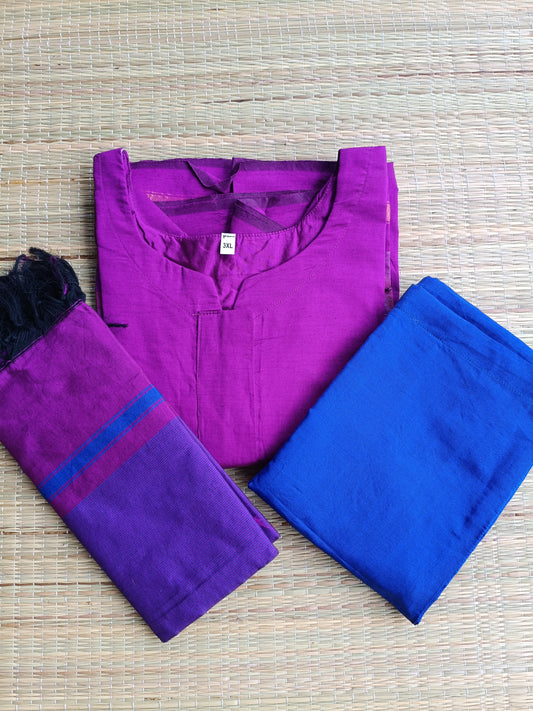 Pochampally sico set/ maternity 3 pc chudidhar set [ Top with center zip, pant and dupatta - Purple pink - A line no side open