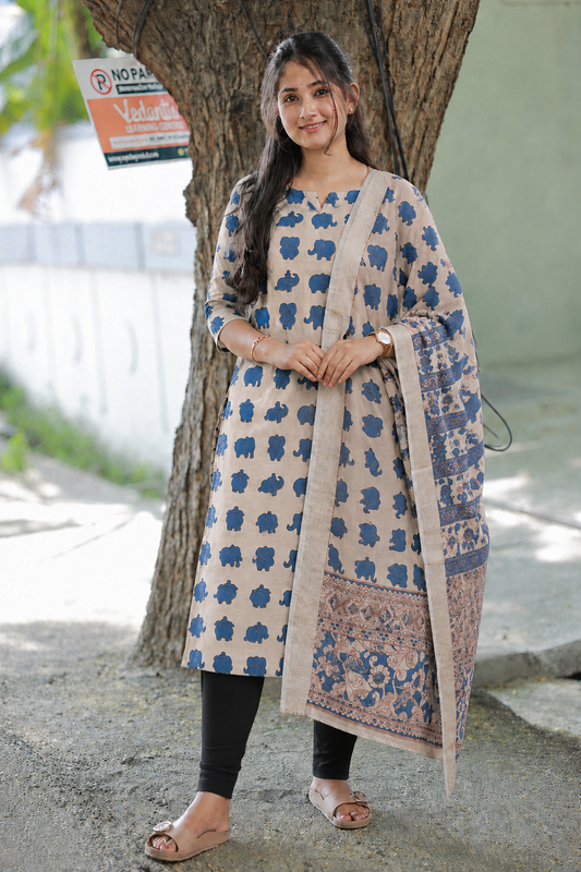 Block printed kalamkari cotton Maternity 2 pc chudidhar set [ Top with center zip, and dupatta - Blue elephant kalamkari