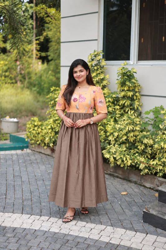 Raw silk Maternity Maxi/Gown in center zip - Festival Collection- Full cotton lining - Brown with orange flower