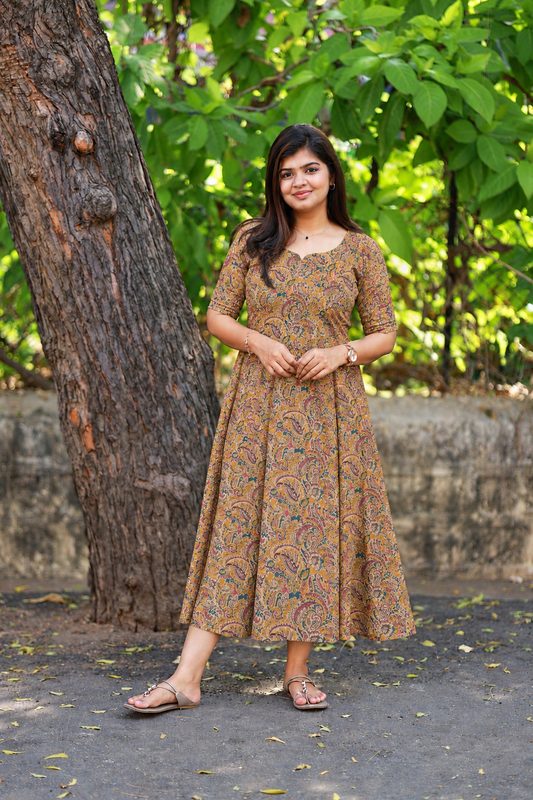 Kalamkari Cotton A line Maternity Feeding Kurti /Center Zip(Dress length 45 inches)- Olive leaf