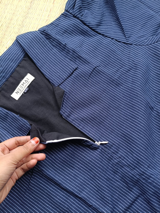 Prewashed handloom Cotton - Feeding/ Maternity Maxi/Gown - Cotton lining /Center zip -Collar navy Blue stripe