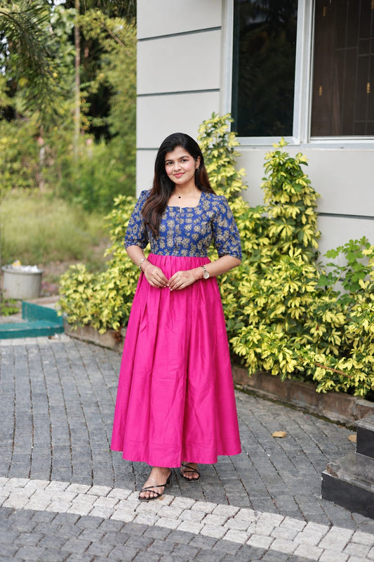 Raw silk Maternity Maxi/Gown in center zip - Festival Collection- Full cotton lining - Blue with pink