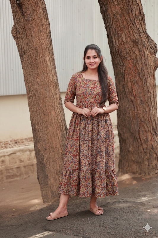 Cotton - Feeding/ Maternity Maxi/Gown - Cotton lining /Double side zip - Rust Red Kalamkari