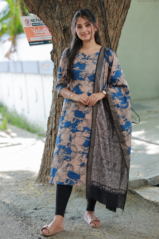 Block printed kalamkari cotton Non Maternity 2 pc chudidhar set [ Top with , dupatta - Sandal pichwai blue