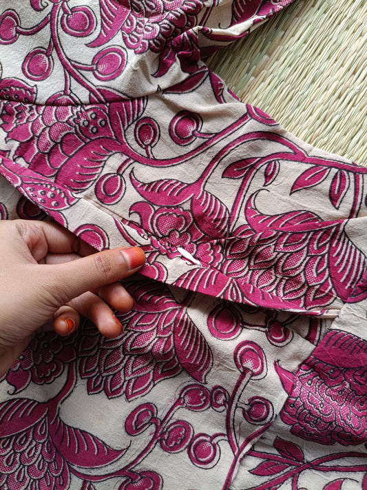 Block printed kalamkari cotton Maternity 2 pc chudidhar set [ Top with double side zip, and dupatta - Sandal and pink flower