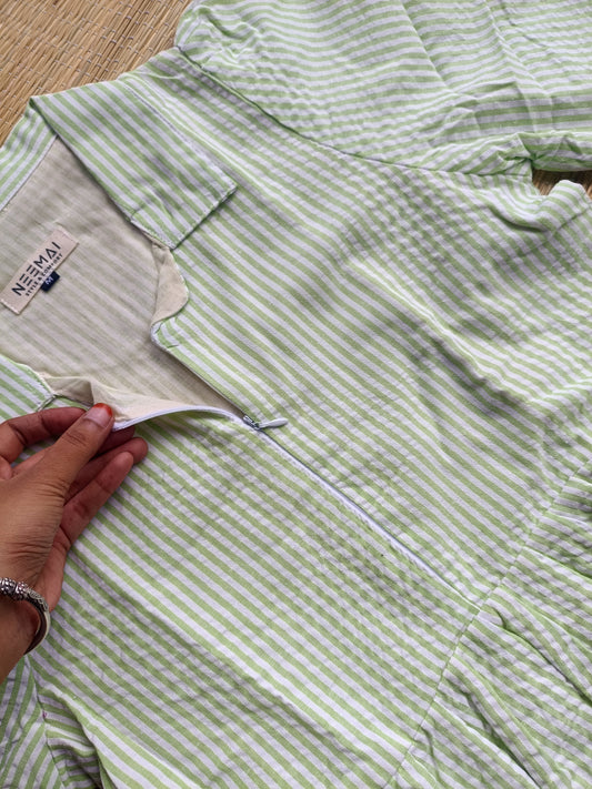 Popcorn Cotton - Feeding/ Maternity Maxi/Gown - Cotton lining /Center zip -Collar White with Green stripe