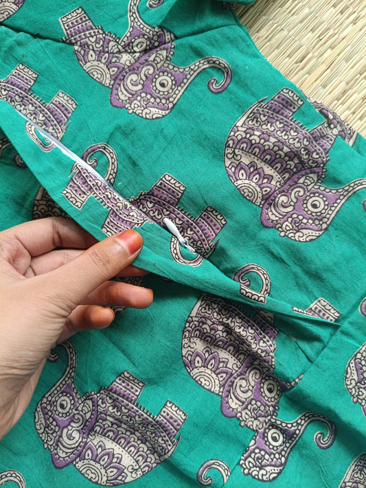 Block printed kalamkari cotton Maternity 2 pc chudidhar set [ Top with double side zip, and dupatta - Purple green elephant