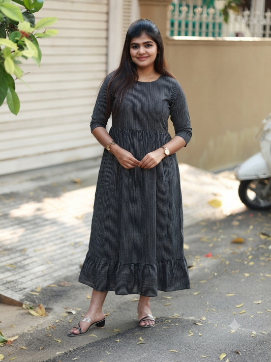 Cotton Maternity/Feeding Midi/Gown - Self fril black - 46.5 inches