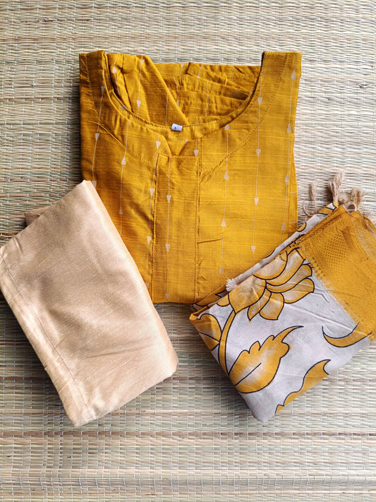Raw silk Maternity 3 pc chudidhar set [ Top with center side zip, Pant and dupatta - Yellow (A line kurti) No side open