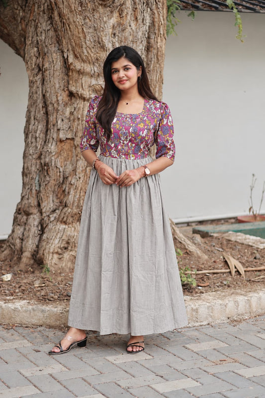 Cotton / Raw silk Maternity Maxi/Gown in center zip - Festival Collection- Full cotton lining - Silver with violet flower