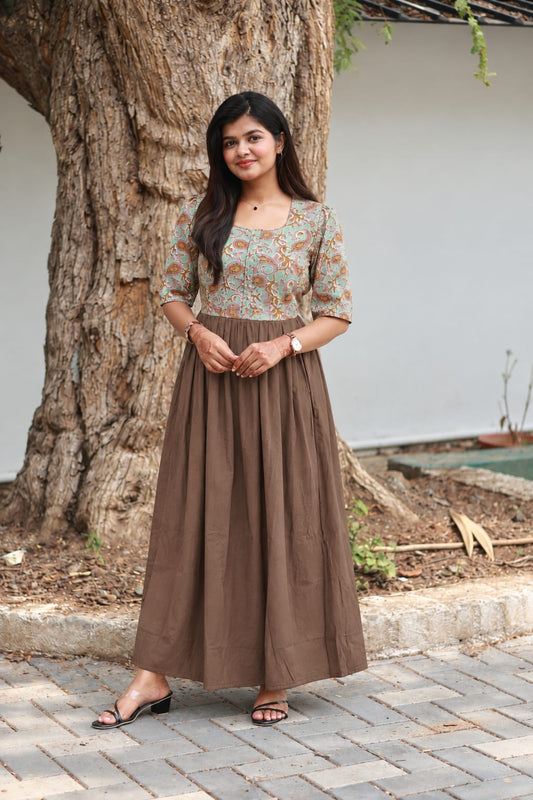 Cotton / Raw silk Maternity Maxi/Gown in center zip - Festival Collection- Full cotton lining -Brown with Light green