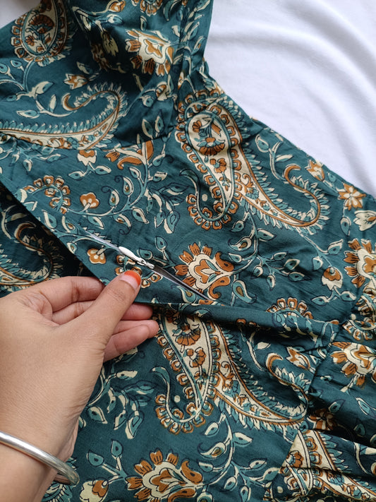 Cotton - Feeding/ Maternity Maxi/Gown - Cotton lining /Double side zip - kalamkari/paisley Green flower