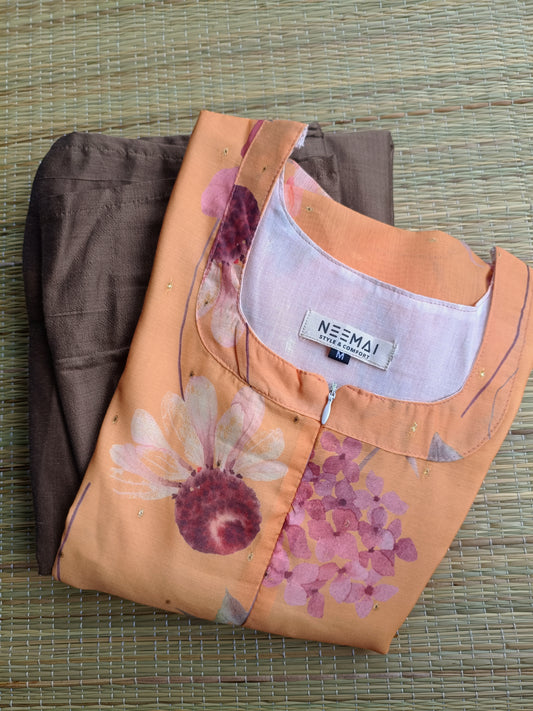 Raw silk Maternity Maxi/Gown in center zip - Festival Collection- Full cotton lining - Brown with orange flower