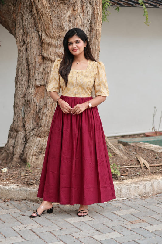 Raw silk Maternity Maxi/Gown in center zip - Festival Collection- Full cotton lining - Gold with maroon