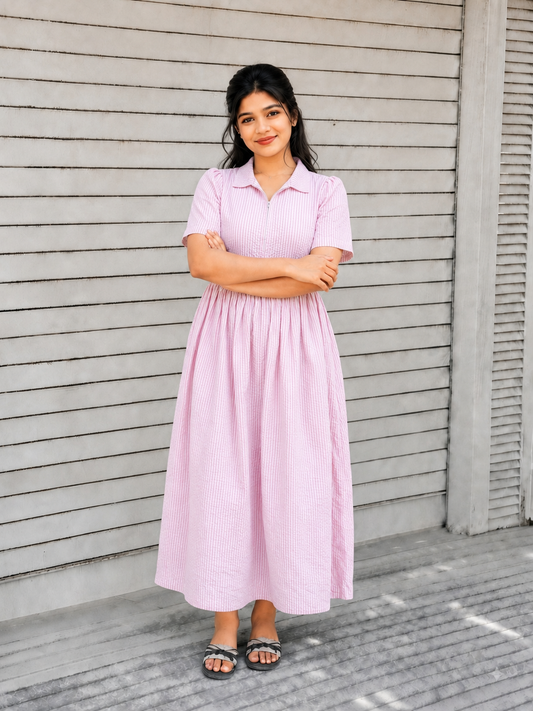 Popcorn Cotton - Feeding/ Maternity Maxi/Gown - Cotton lining /Center zip -Collar White with pink stripe