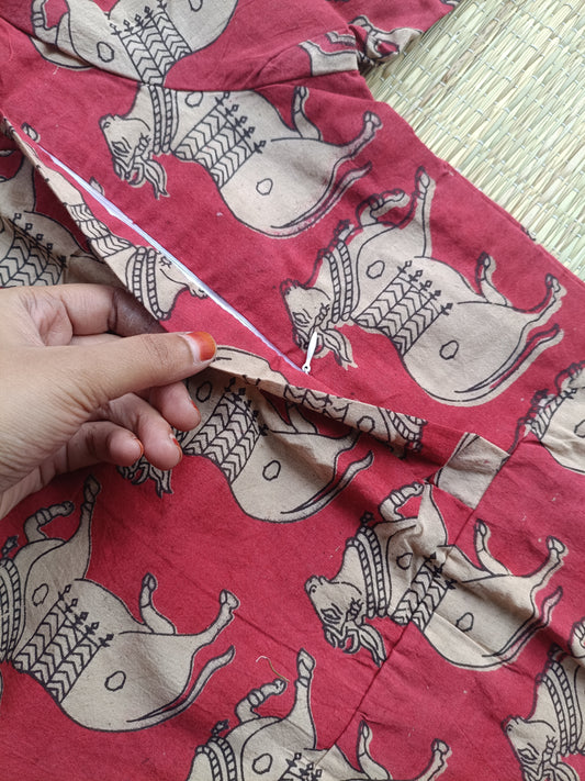 Block printed kalamkari cotton Maternity 2 pc chudidhar set [ Top with double side zip, and dupatta - Red pichwai