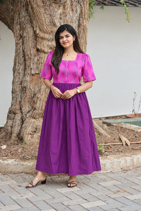 Raw silk Maternity Maxi/Gown in center zip - Festival Collection- Full cotton lining -pink with Violet