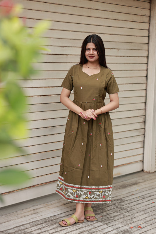 Handloom Jamdani - Maternity / Feeding - Maxi/Gown - Full Cotton Lining - Double side Zips - olive green