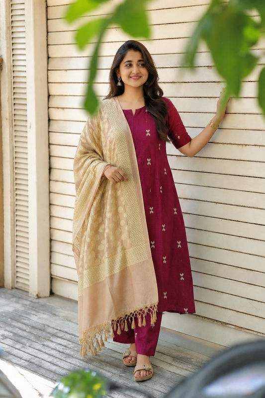 Raw silk Maternity 3 pc chudidhar set [ Top with center side zip, Pant and dupatta - Maroon ( Side open top)
