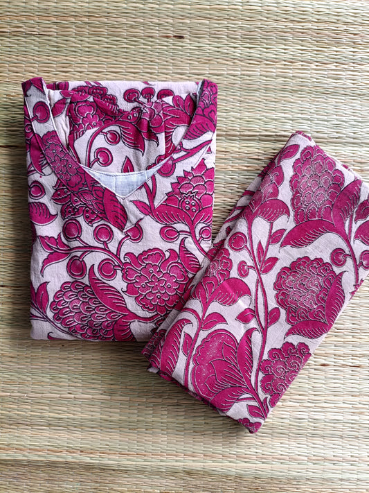 Block printed kalamkari cotton Maternity 2 pc chudidhar set [ Top with double side zip, and dupatta - Sandal and pink flower