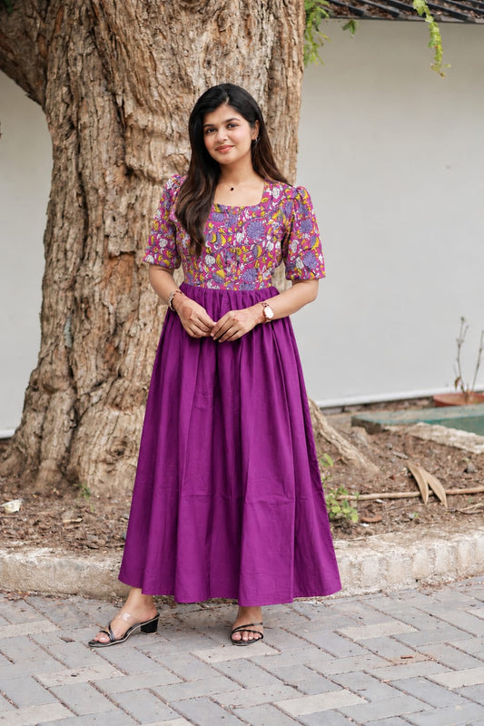 Cotton / Raw silk Maternity Maxi/Gown in center zip - Festival Collection- Full cotton lining - Violet with violet flower