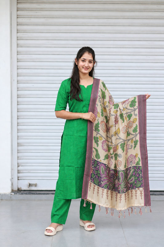 Raw Silk | Festive | Casual Chudidhar 3 pc Set | Center Zip Top (Feeding freindly ) Pant & Dupatta – Green