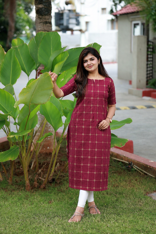 Raw Silk Center zip Cotton Normal /Feeding kurti - Marron checks