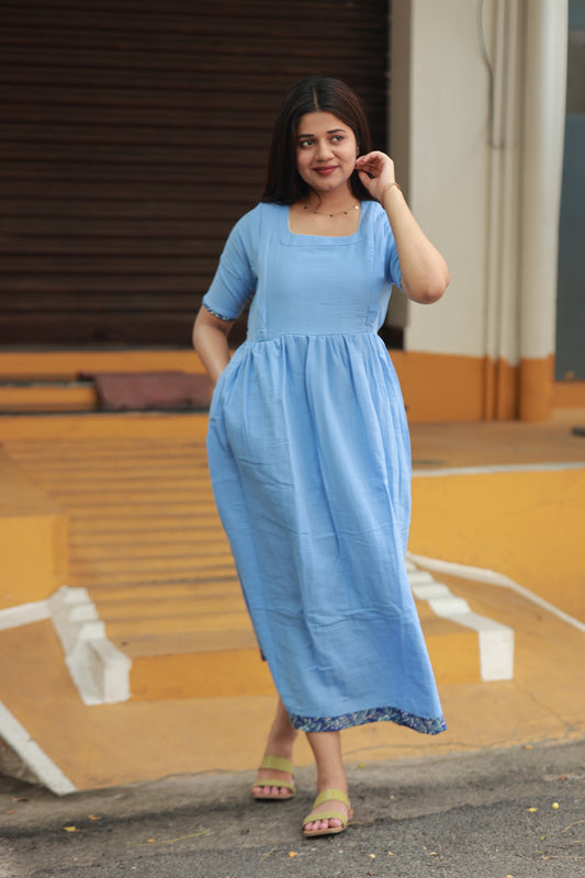 Premium Muslin- Feeding/ Maternity Maxi/Gown - Cotton lining /Double side zip - Sky Blue