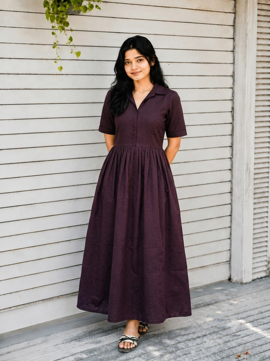 Prewashed handloom Cotton - Feeding/ Maternity Maxi/Gown - Cotton lining /Center zip -Collar Brown Stripe
