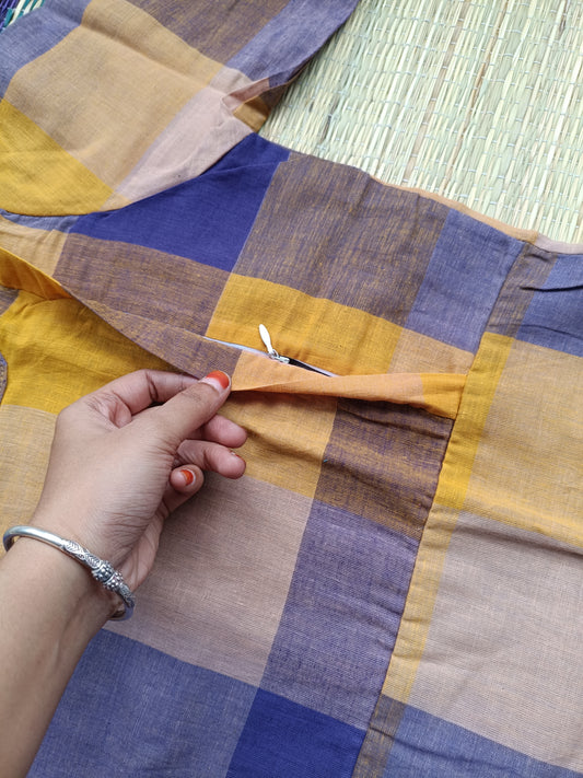 Madras check/ cotton Maternity 2 pc chudidhar set [ Top with double side zip, and Pant - Yellow and Navy blue
