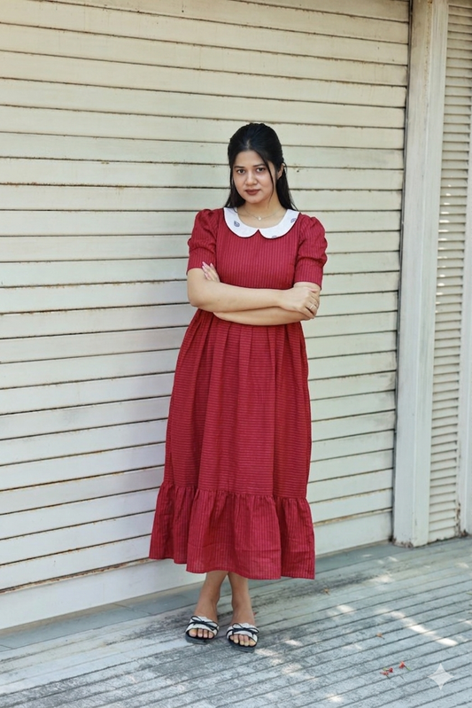 Mul Mul Cotton - Feeding/ Maternity Maxi/Gown - Cotton lining /Double side zip - Red Checks