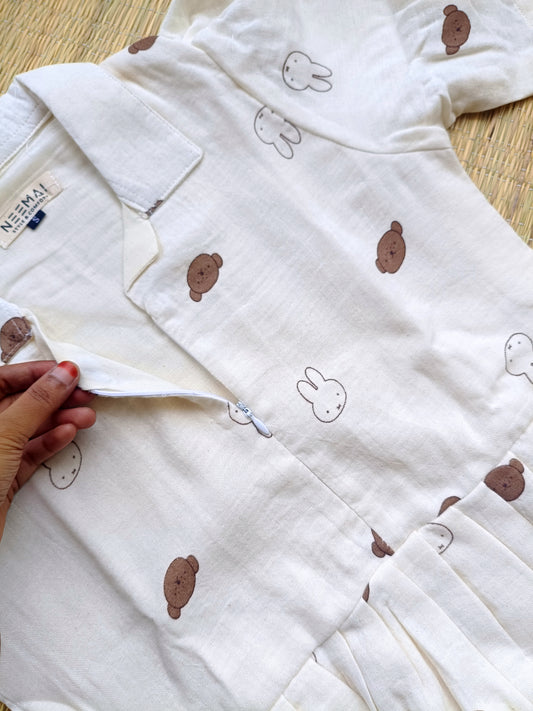 Premium Muslin- Feeding/ Maternity Maxi/Gown - Cotton lining / Center zip -White with Teddy Bear