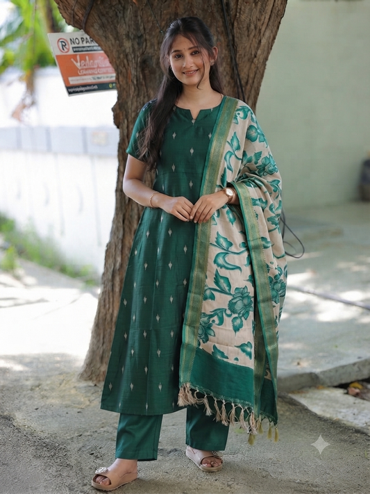 Raw silk Maternity 3 pc chudidhar set [ Top with center side zip, Pant and dupatta - Forest green