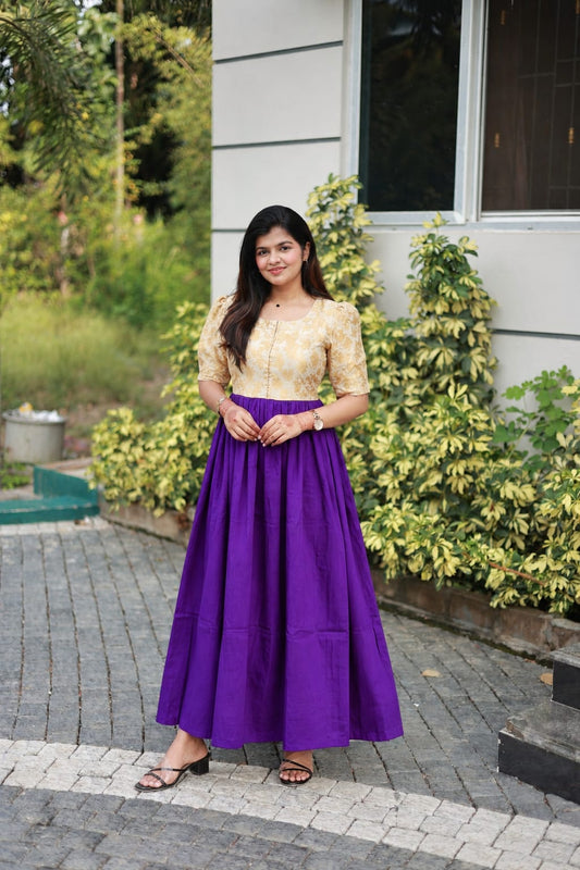 Raw silk Maternity Maxi/Gown in center zip - Festival Collection- Full cotton lining -Gold with purple