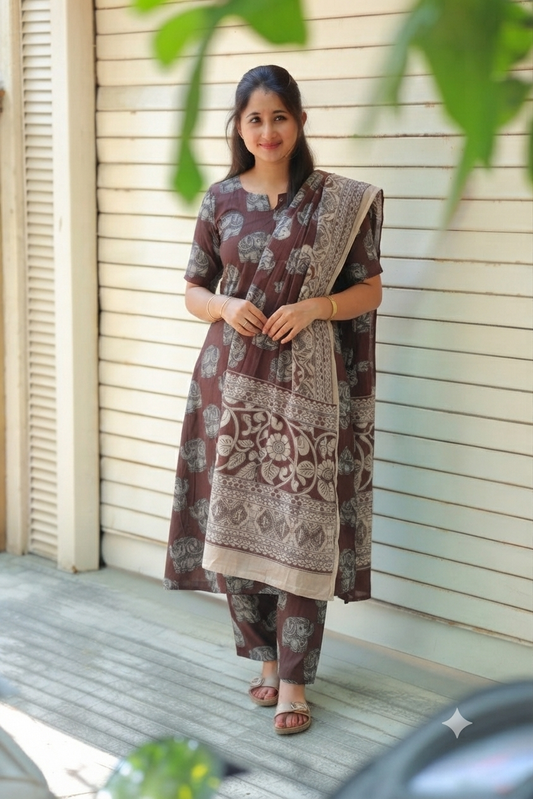 Block printed kalamkari cotton Maternity 2 pc chudidhar set [ Top with center side zip, and dupatta - Brown mini elephant