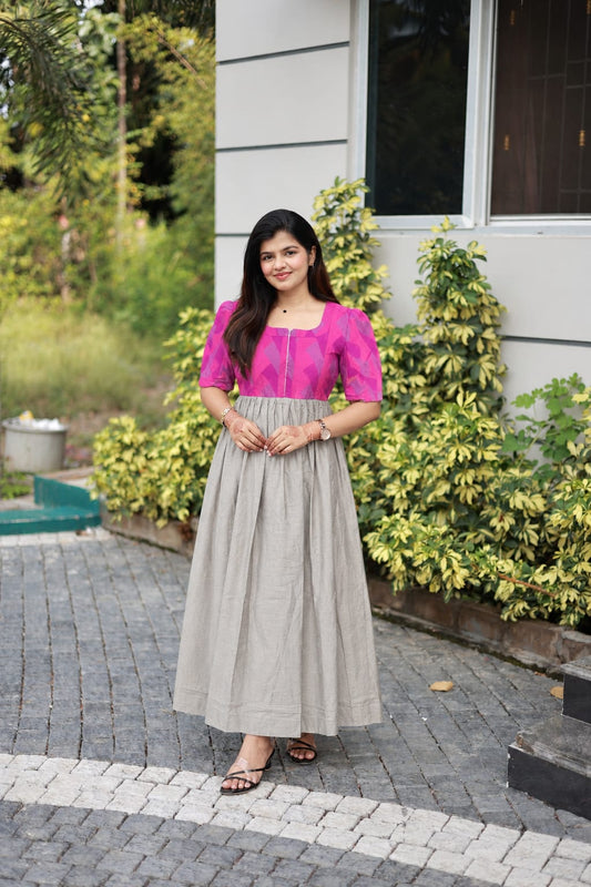 Raw silk Maternity Maxi/Gown in center zip - Festival Collection- Full cotton lining -pink with Silver