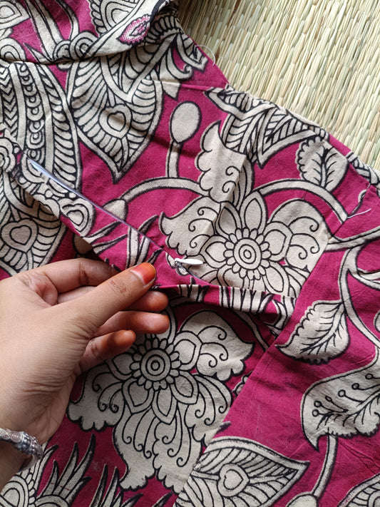Block printed kalamkari cotton Maternity 2 pc chudidhar set [ Top with double side zip, and dupatta - Pink and sandal flower