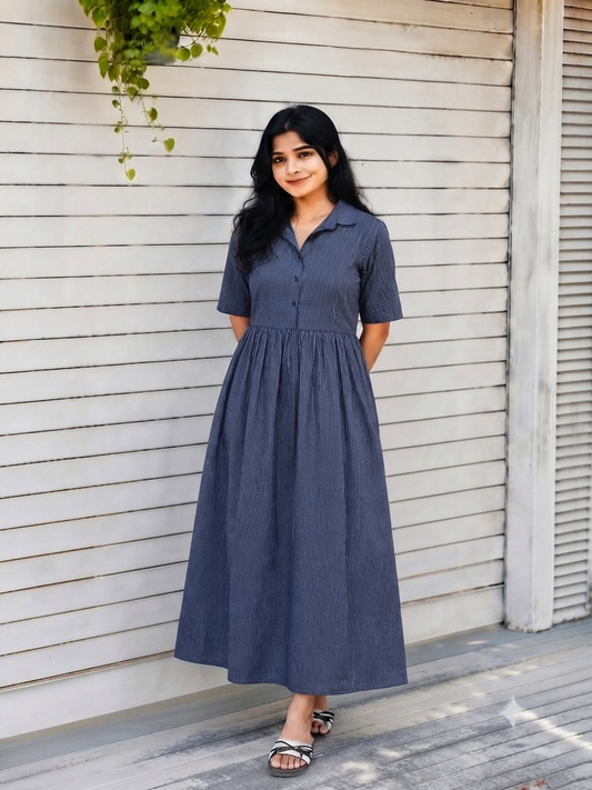 Prewashed handloom Cotton - Feeding/ Maternity Maxi/Gown - Cotton lining /Center zip -Collar navy Blue stripe