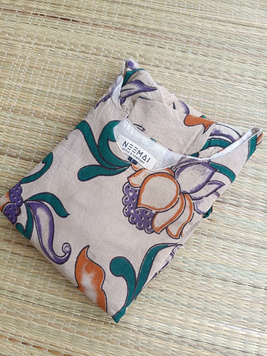 Kalamkari Cotton Maternity Feeding Gown/ maxi / Double side zip– Border orange lotus and Peacock green