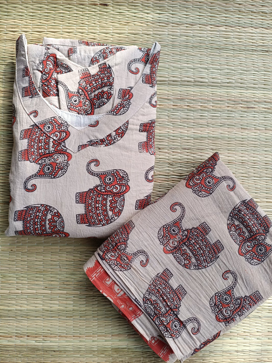 Block printed kalamkari cotton Maternity 2 pc chudidhar set [ Top with double side zip, and dupatta - Orange elephant