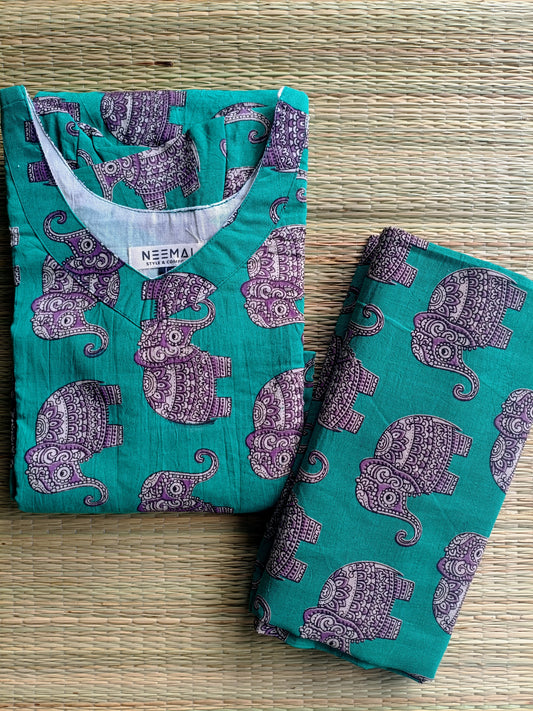 Block printed kalamkari cotton Maternity 2 pc chudidhar set [ Top with double side zip, and dupatta - Purple green elephant