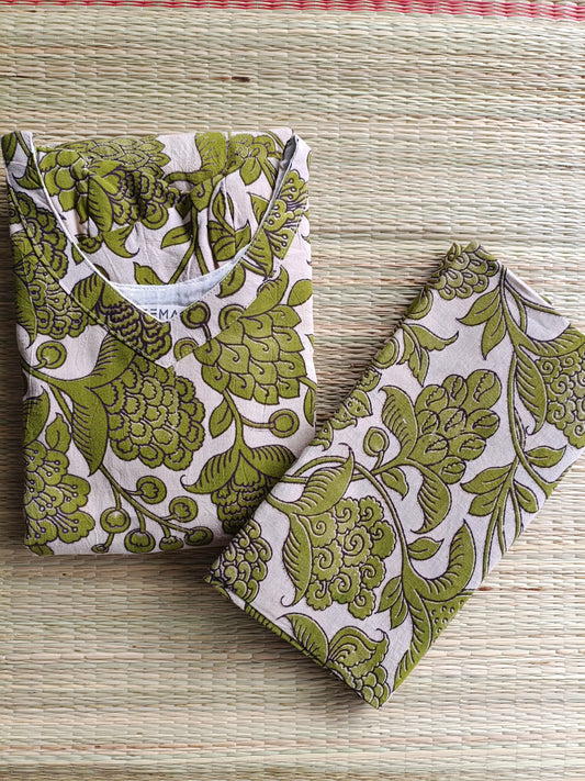 Block printed kalamkari cotton Maternity 2 pc chudidhar set [ Top with double side zip, and dupatta - Light Green Flower