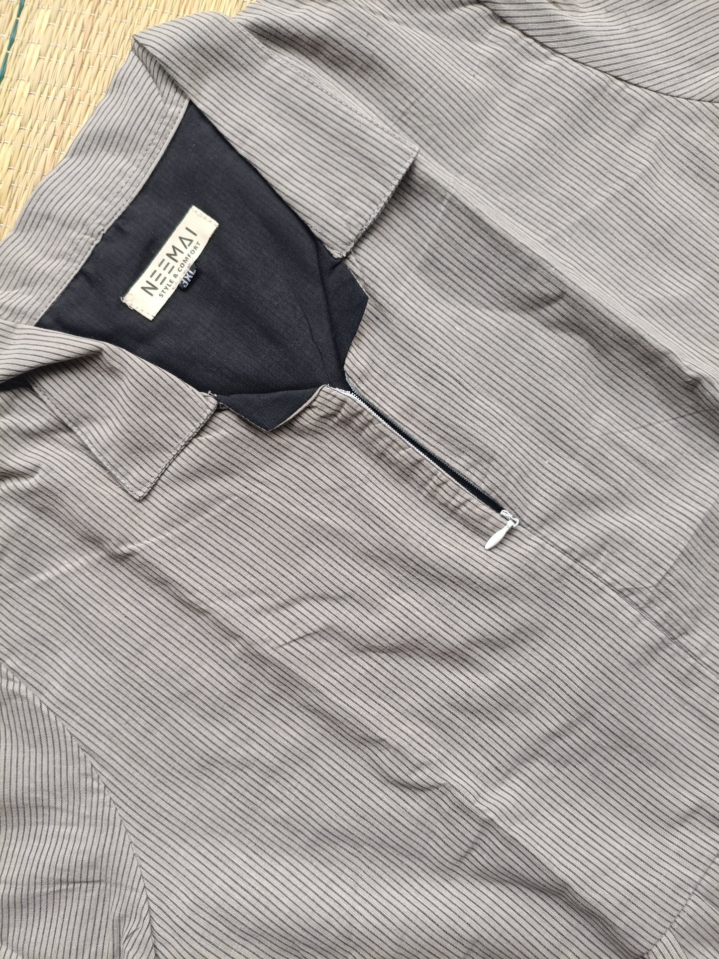 Prewashed handloom Cotton - Feeding/ Maternity Maxi/Gown - Cotton lining /Center zip -Collar Grey stripe
