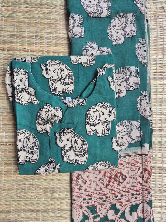 Block printed kalamkari cotton Maternity 2 pc chudidhar set [ Top with center side zip, and dupatta - Green mini elephant